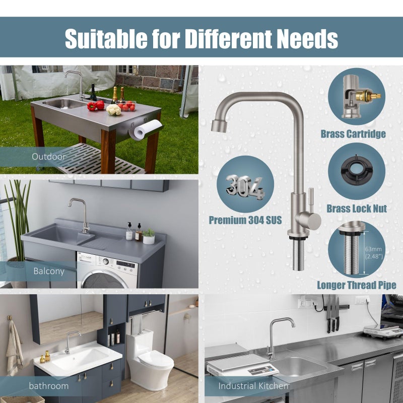 Aolemi Cold Only Water Kitchen Faucet Commercial Bar Tap Single Lever Handle 304 Stainless Steel Brushed Nickel Decked Mounted Single Hole Modern - Image 4